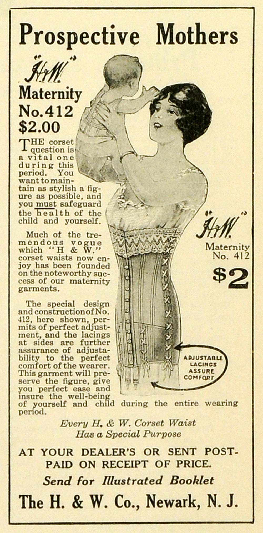 1916 Ad H & W Co Maternity Corset Waist No. 412 Mother & Baby Women MPR1