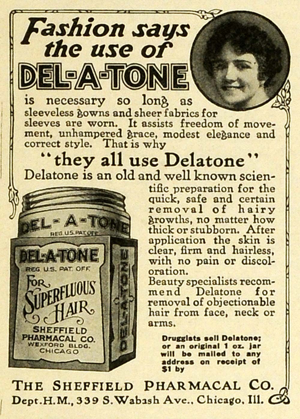 1919 Ad Sheffield Pharmacal Co Del-A-Tone Hair Removal Preparation MPR1