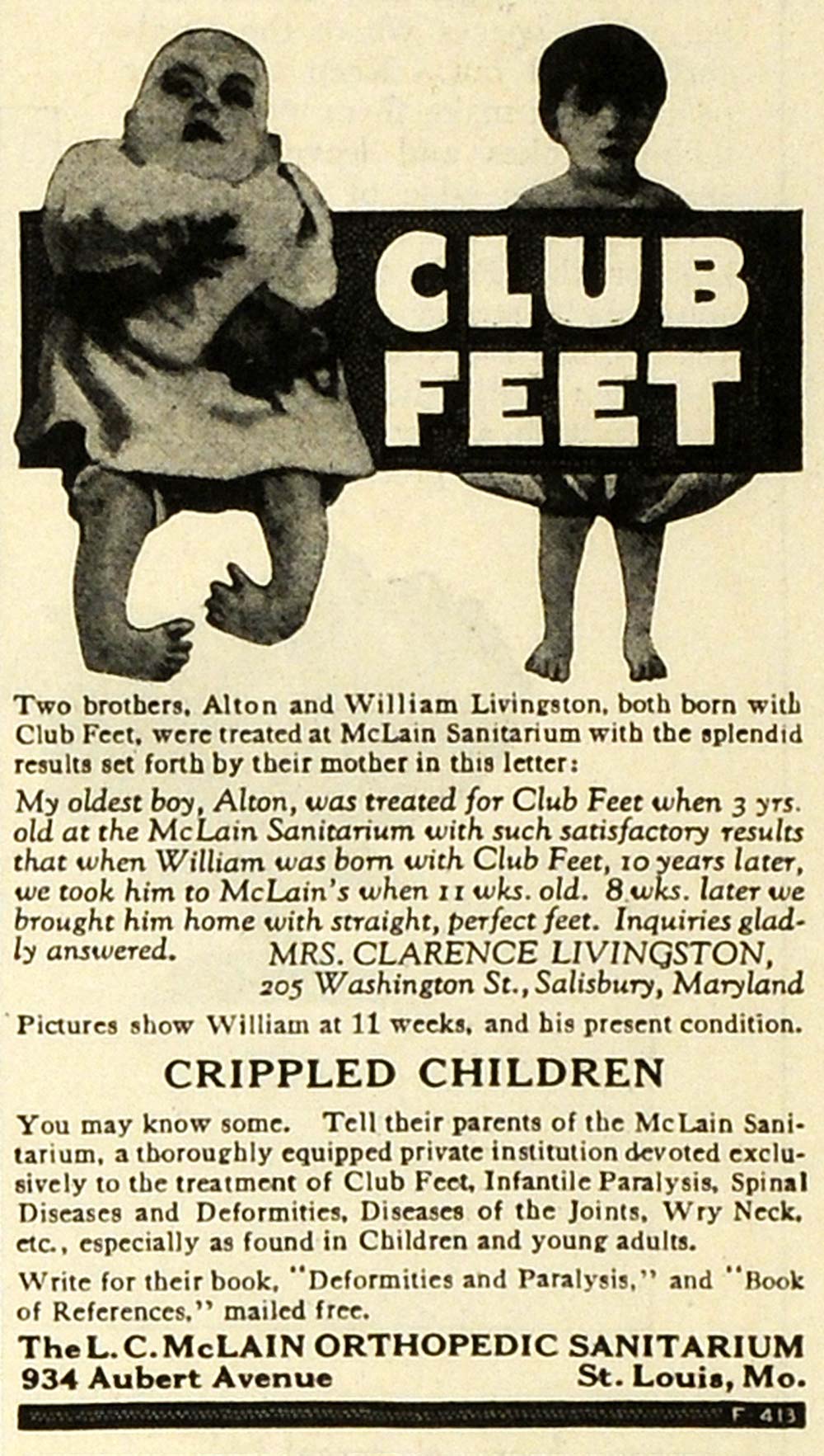 1923 Ad L C McLain Orthopedic Sanitarium Children with Disabilities Club MPR1