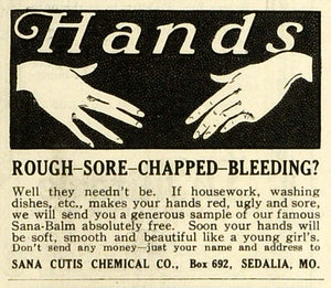 1923 Ad Sana Cutis Chemical Sana-Balm Hands Moisturizer Lotion Skin Care MPR1