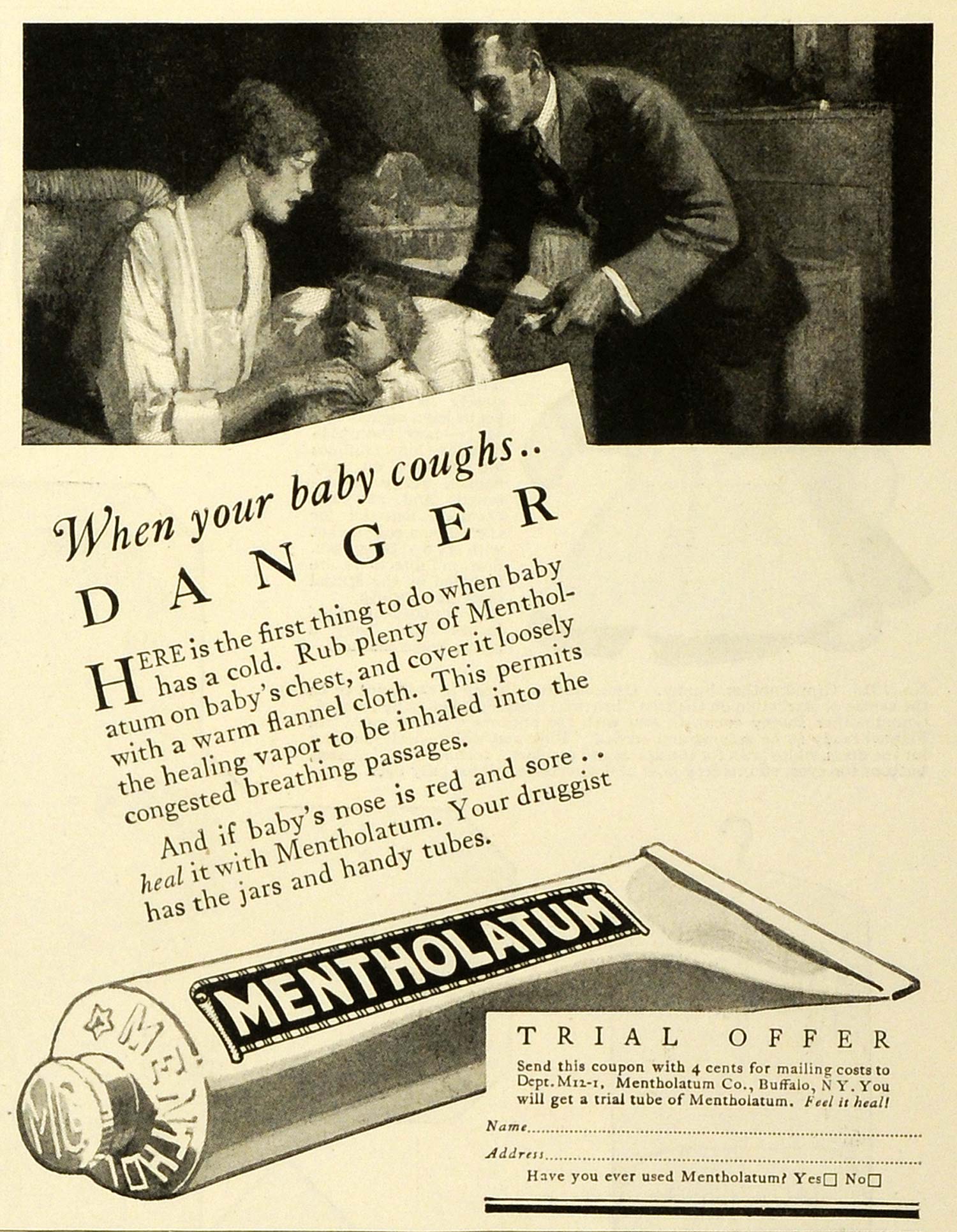 1927 Ad Mentholatum Co Congestion Cold Sick Baby & Mother Doctor Cure MPR1