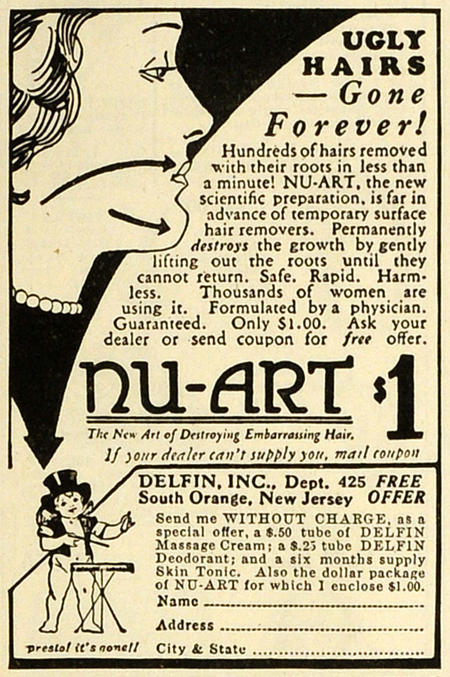 1927 Ad Delfin Inc Nu-Art Hair Removal Treatment Unwanted Hair Depilatory MPR1
