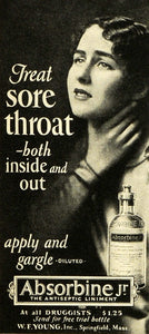 1927 Ad W F Young Inc Absorbine Jr Antiseptic Sore Throat Remedy Cure MPR1