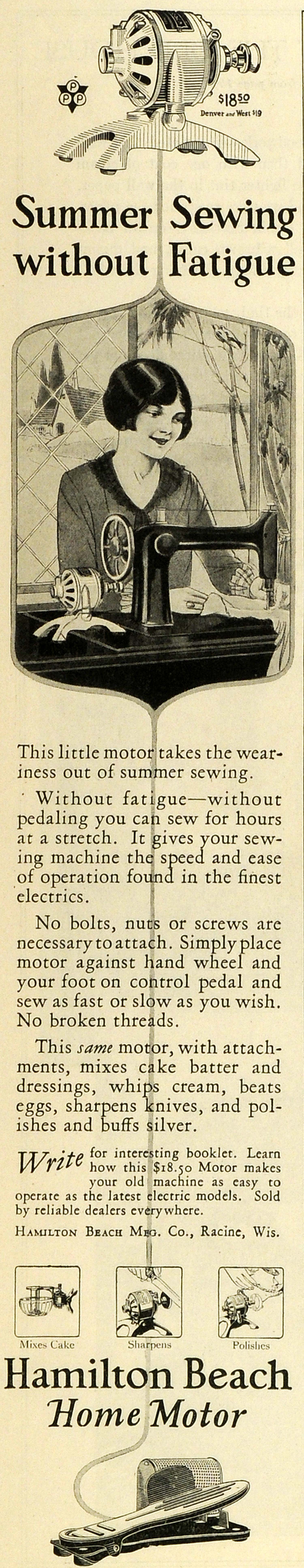 1928 Ad Hamilton Beach Manufacturing Co Vintage Summer Sewing Machine