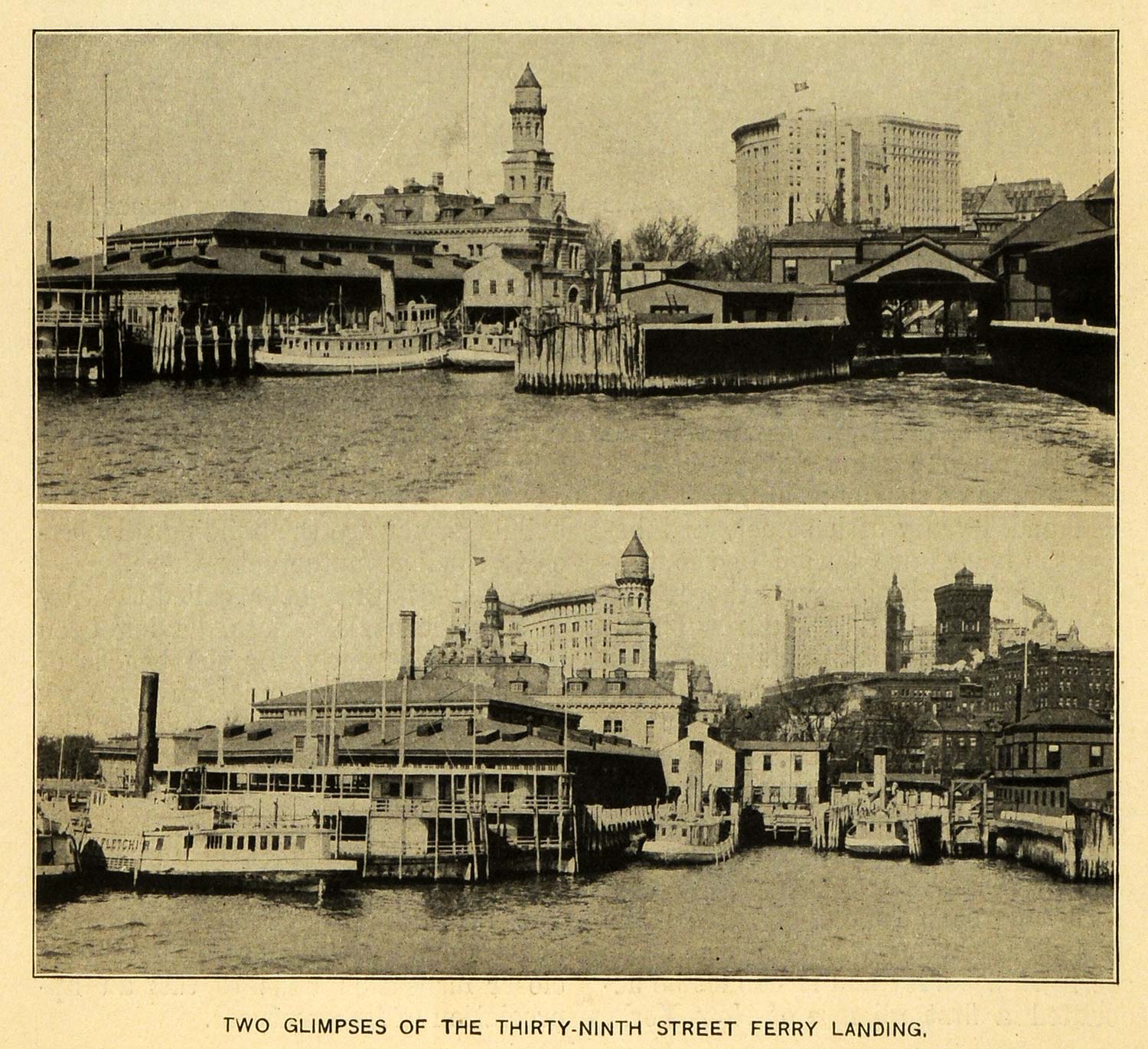1900 Print New York City 39th Street Ferry Landing Harbor Architecture MTR1