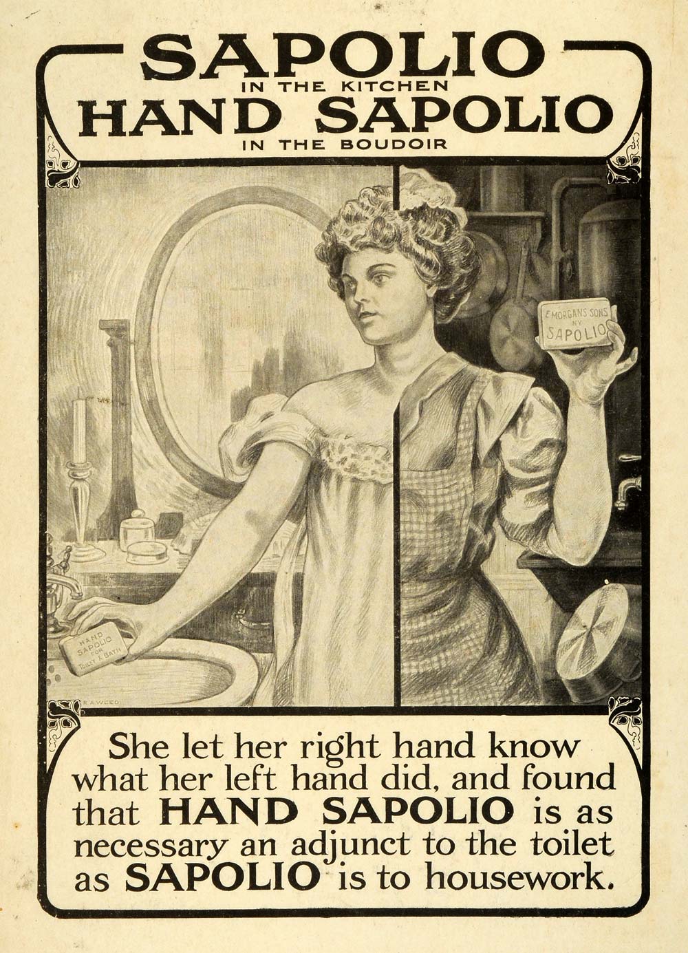 1909 Ad Hand Sapolio Soap Kitchen Boudoir Hygiene Toiletry Skin Care MTR1