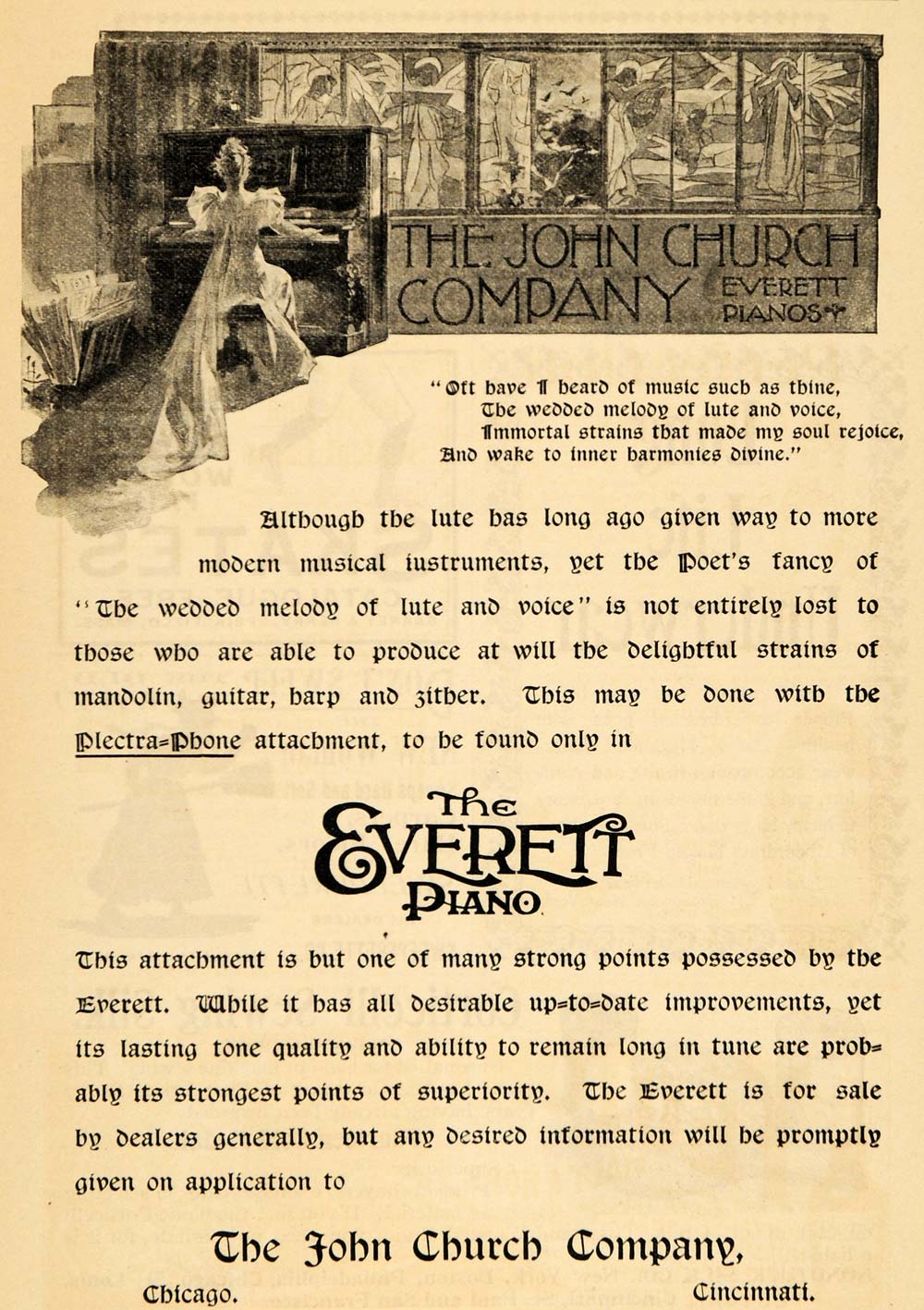 1895 Ad John Church Co Everett Pianos Plectra-Phone - ORIGINAL ADVERTISING MUN1