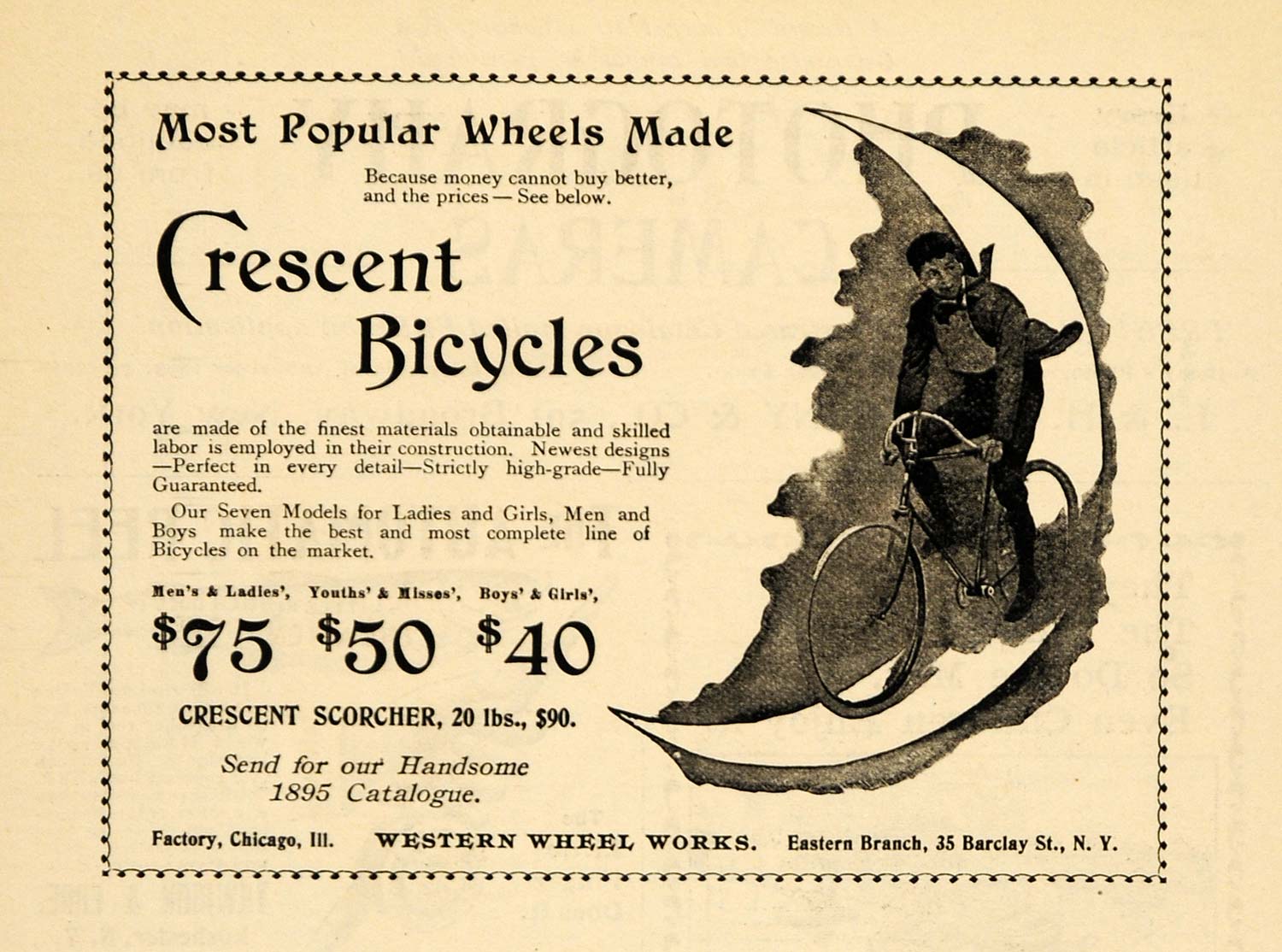1895 Ad Crescent Bicycles Scorcher Western Wheel Works - ORIGINAL MUN1