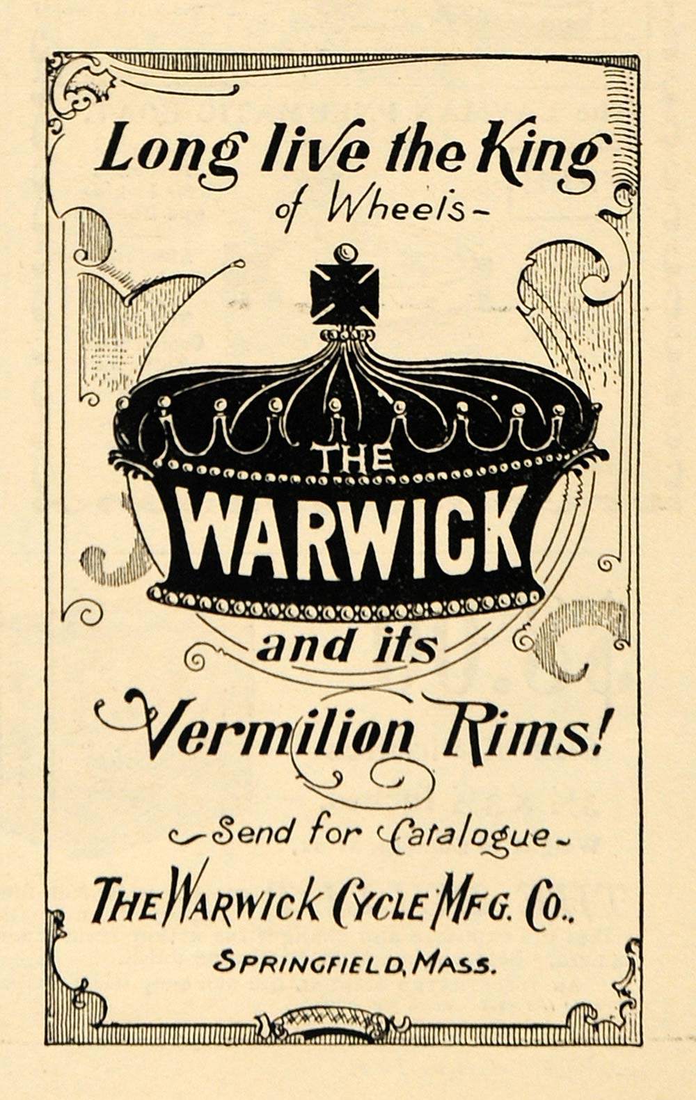 1895 Ad Warwick Cycle Manufacturing Vermilion Rims King - ORIGINAL MUN1