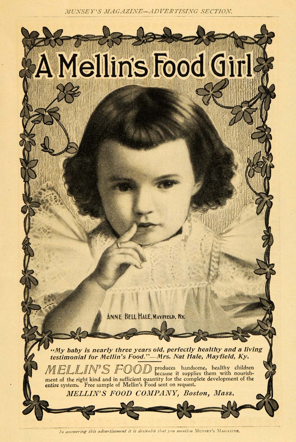1899 Ad Anne Bell Hale Mayfield Kentucky Mellins Food - ORIGINAL MUN1