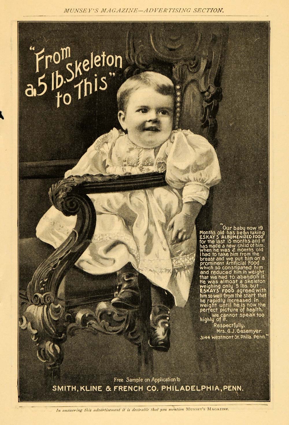 1899 Ad Eskays Albumenized Food Gesemyer Smith Kline - ORIGINAL ADVERTISING MUN1