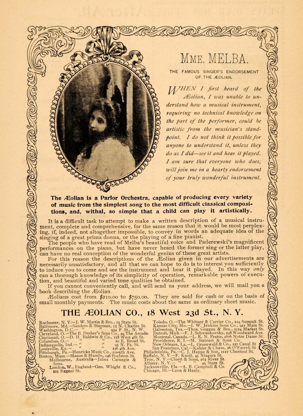 1895 Ad Madam Melba Singer Aeolin Company Piano Music - ORIGINAL MUN1