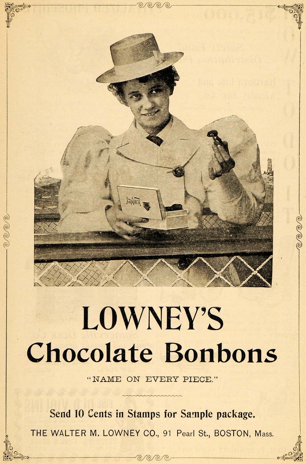 1895 Ad Woman Puffy Coat Hat Lowneys Chocolate Bonbons - ORIGINAL MUN1