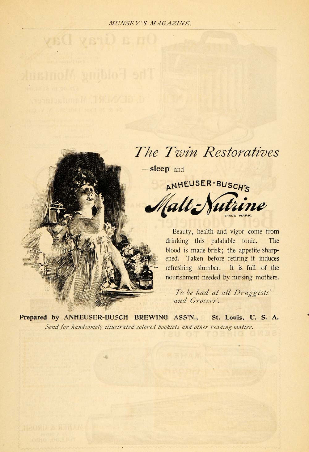1895 Ad Twin Restoratives Anheuser Busch Malt Nutrine Health Drink Tonic MUN1