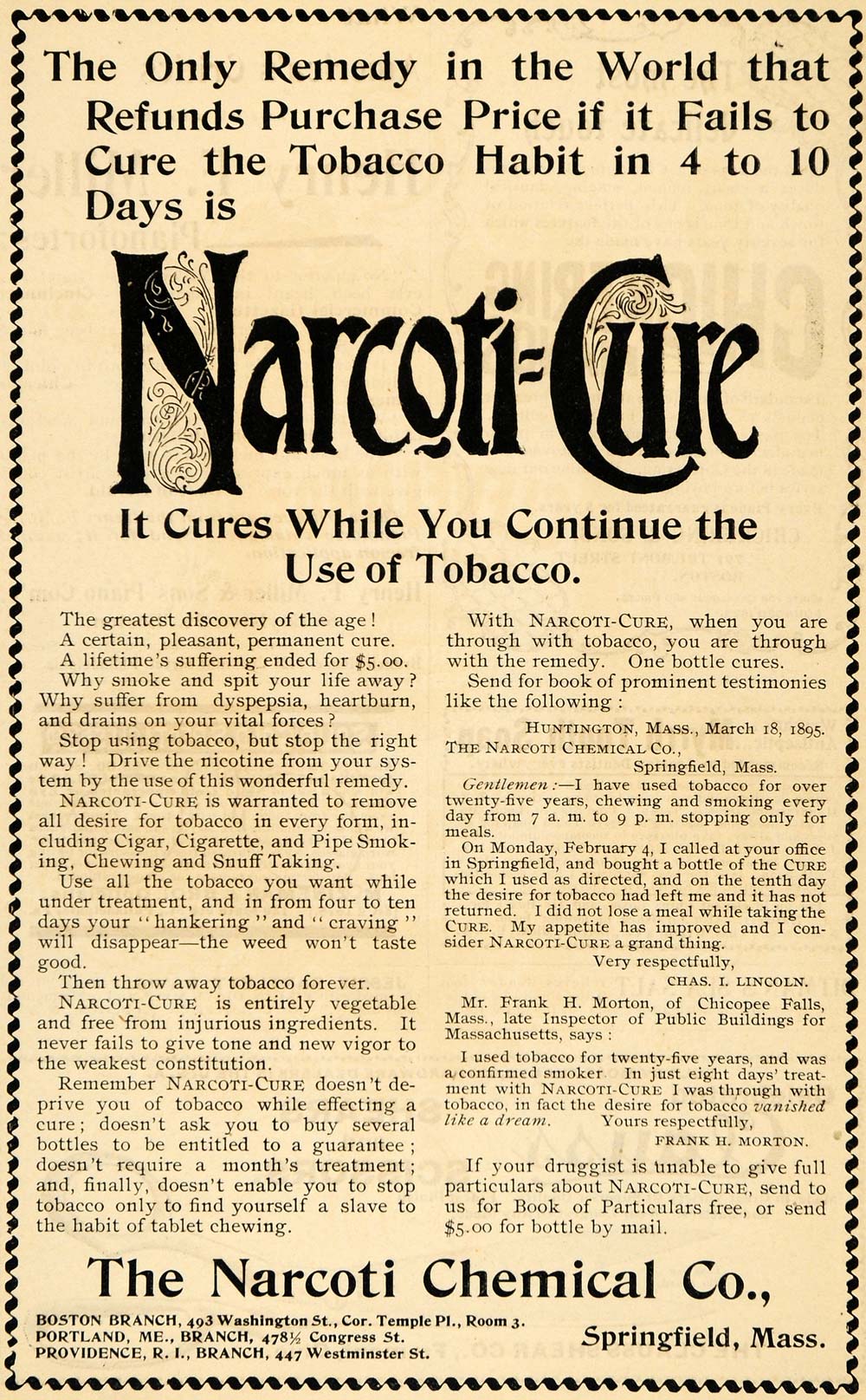 1895 Ad Narcoti-Cure Remedy Tobacco Narcoti Chemical Co - ORIGINAL MUN1