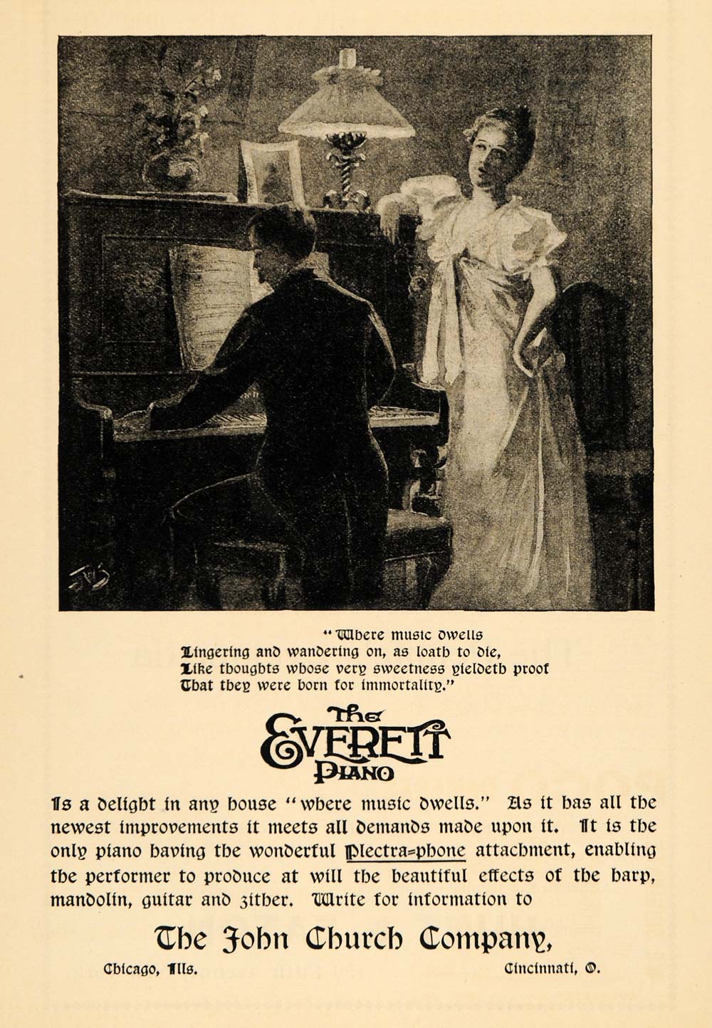 1895 Ad Music Dwells Poem Everett Piano John Church - ORIGINAL ADVERTISING MUN1