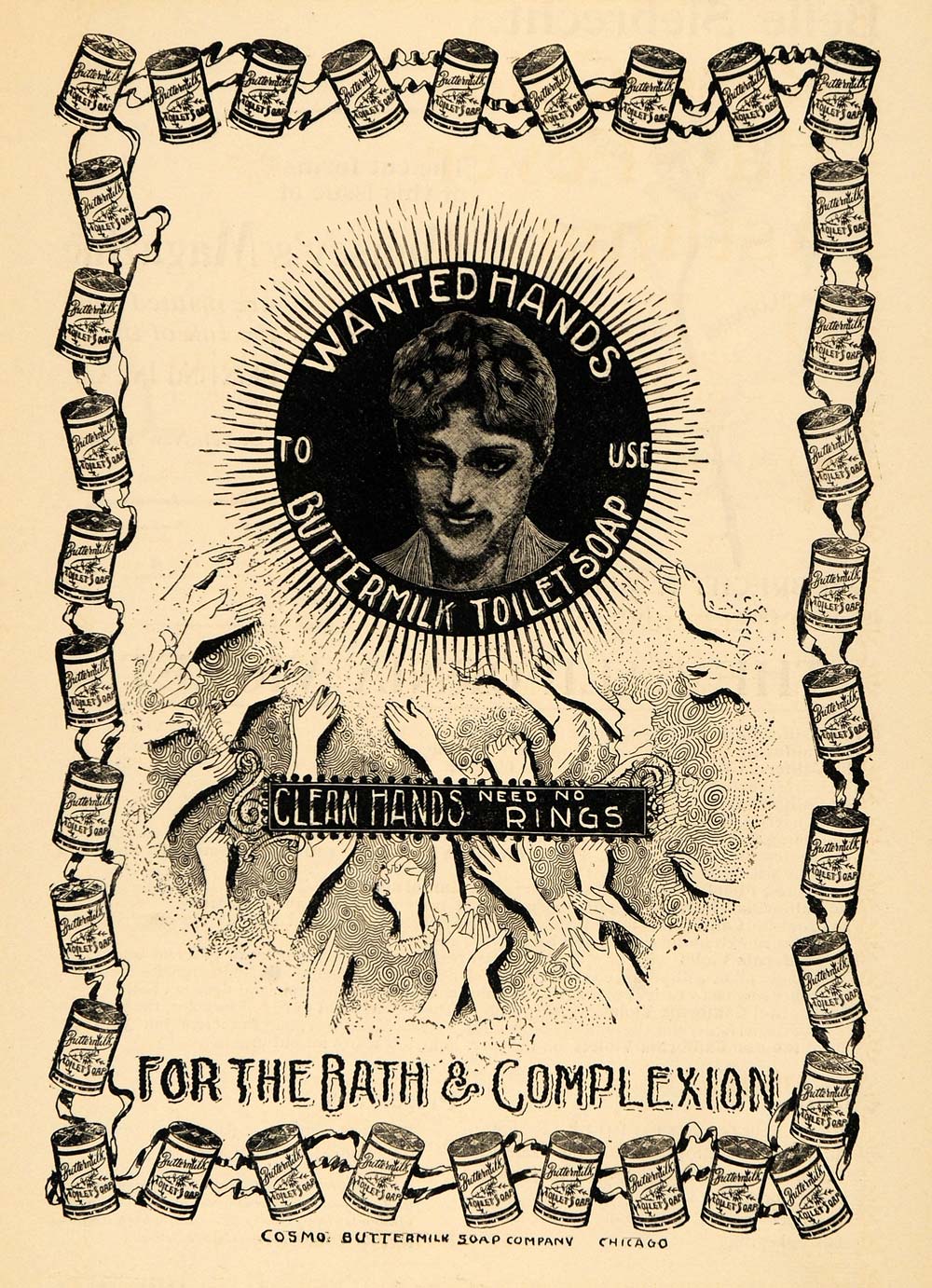 1895 Ad Cosmo Buttermilk Soap Company Toilet Hands Cans - ORIGINAL MUN1