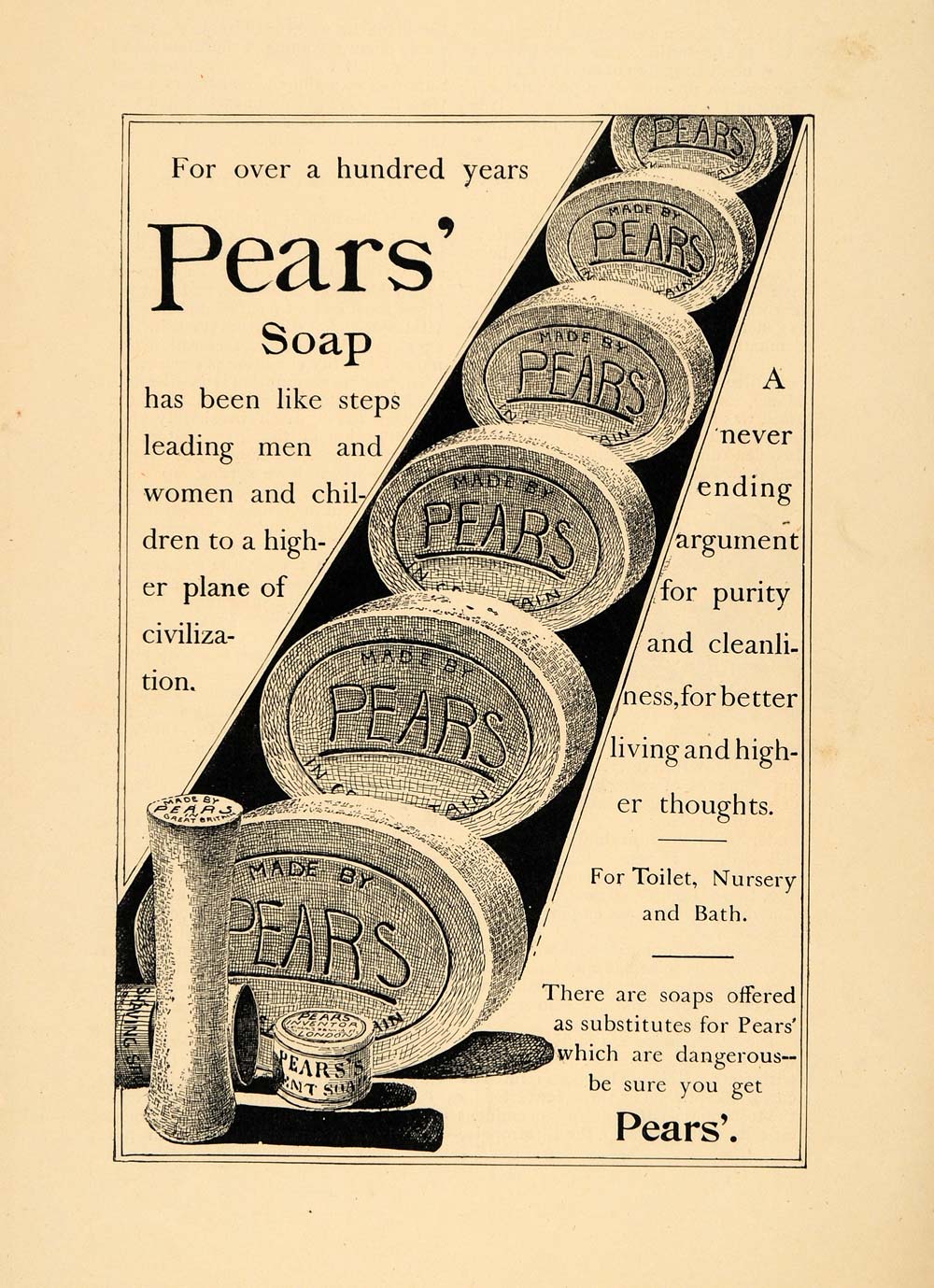 1895 Ad Higher Plane of Civilization Pears Soap Bars - ORIGINAL ADVERTISING MUN1