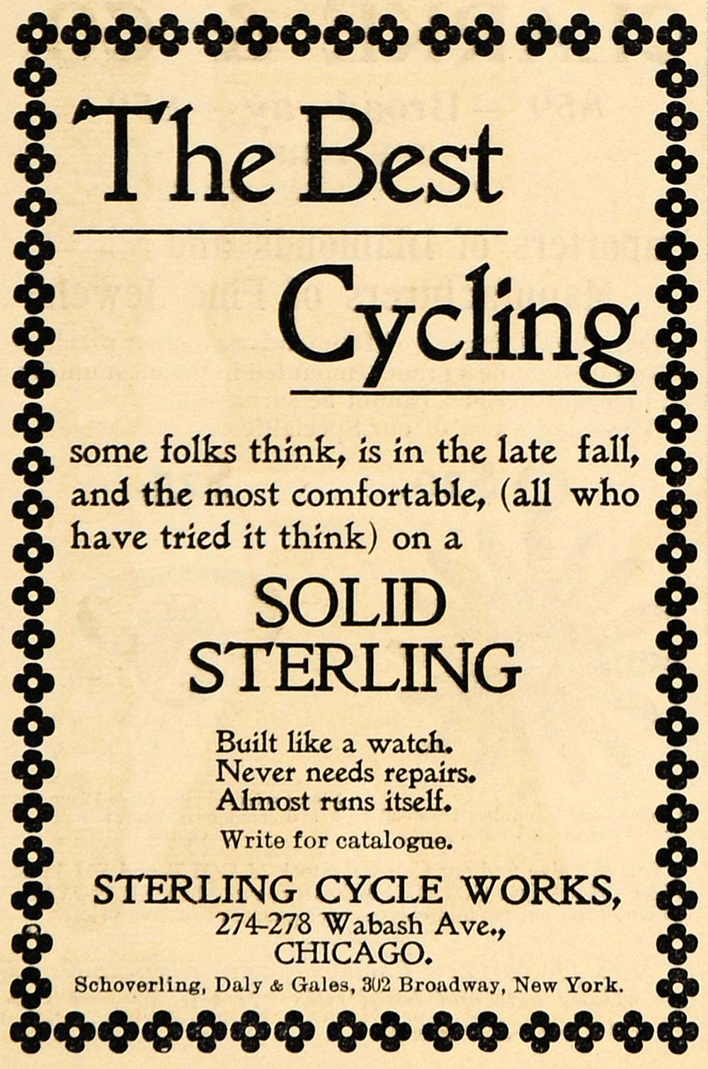 1895 Ad Sterling Cycle Works Solid Bicycles Wabash Ave - ORIGINAL MUN1