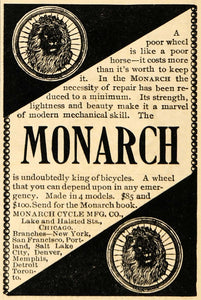 1895 Ad Monarch Cycle Manufacturing Lion Bicycle Wheel - ORIGINAL MUN1