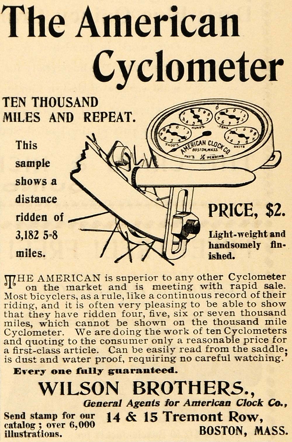 1895 Ad American Cyclometer Wilson Brothers Bicycle - ORIGINAL ADVERTISING MUN1