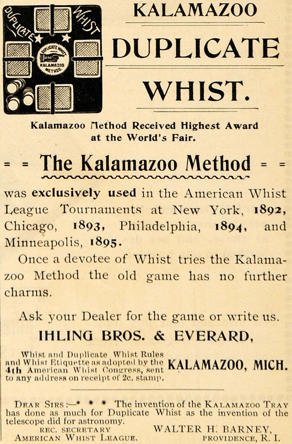 1895 Ad Kalamazoo Duplicate Whist Method Ihling Brother - ORIGINAL MUN1