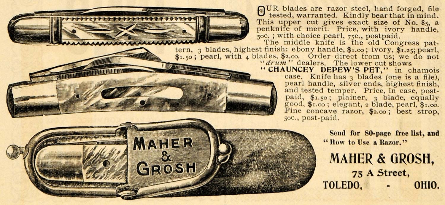 1895 Ad Maher & Grosh Chauncey Depew Pet Pocket Knife - ORIGINAL MUN1