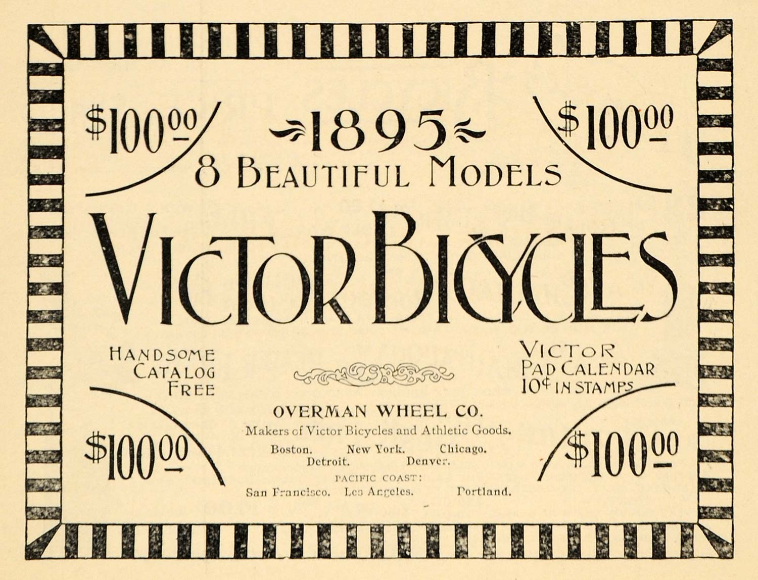1895 Ad 8 Models Victor Bicycles Overman Wheel Company - ORIGINAL MUN1