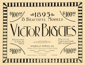 1895 Ad 8 Models Victor Bicycles Overman Wheel Company - ORIGINAL MUN1