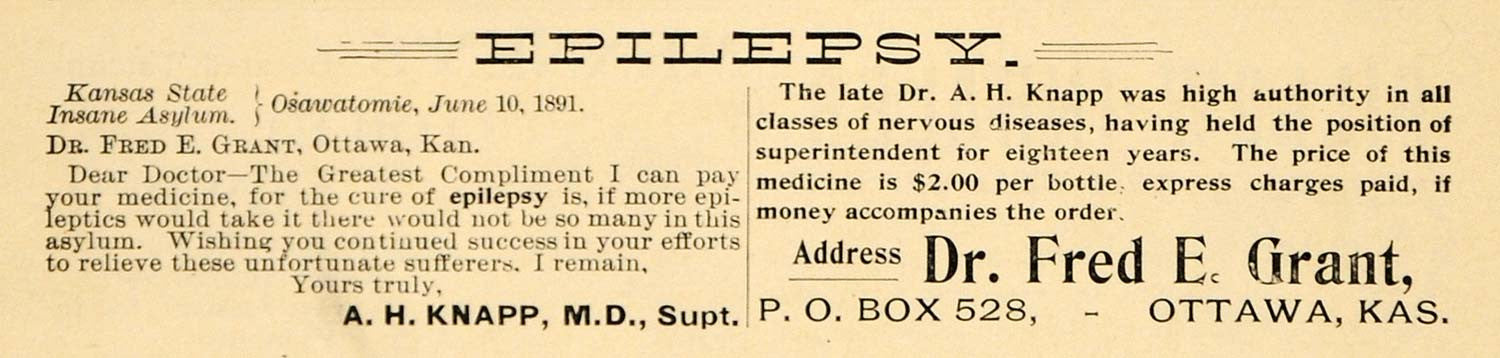 1895 Ad Epilepsy Medicine Dr Fred E Grant Ottawa Kansas - ORIGINAL MUN1