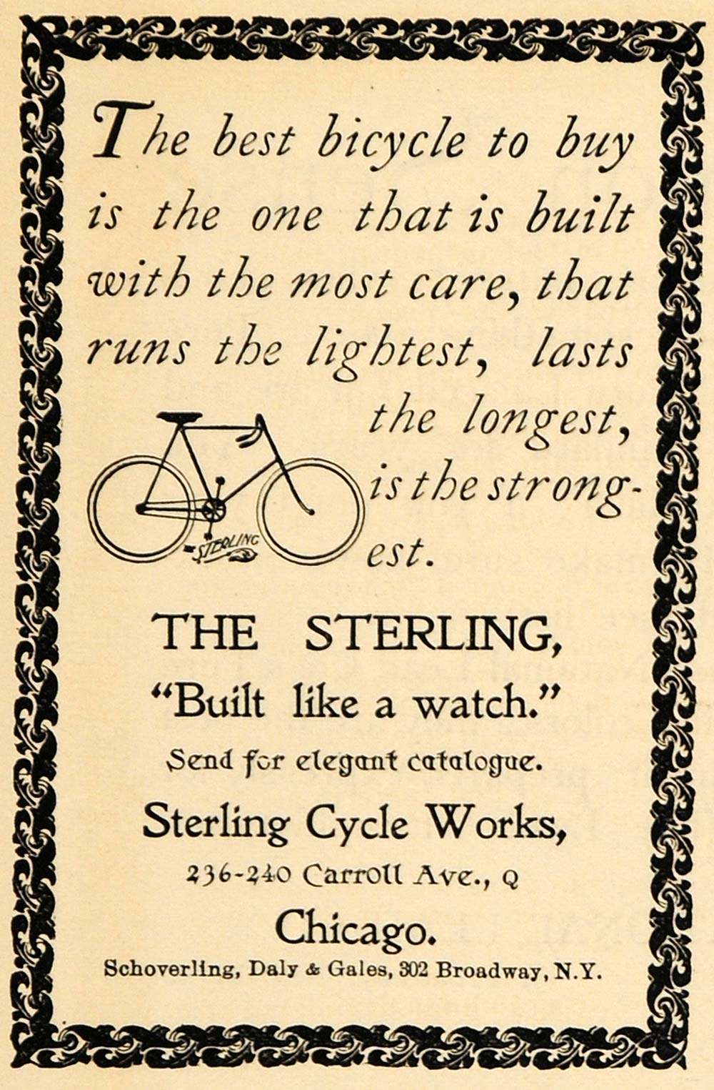 1895 Ad Built Like a Watch Sterling Cycle Works Bicycle - ORIGINAL MUN1