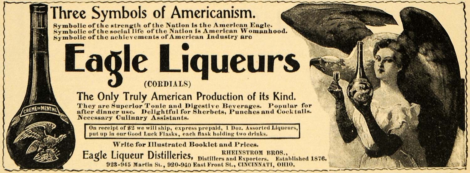 1899 Ad 3 Symbols Americanism Eagle Liqueurs Rheinstrom - ORIGINAL MUN1