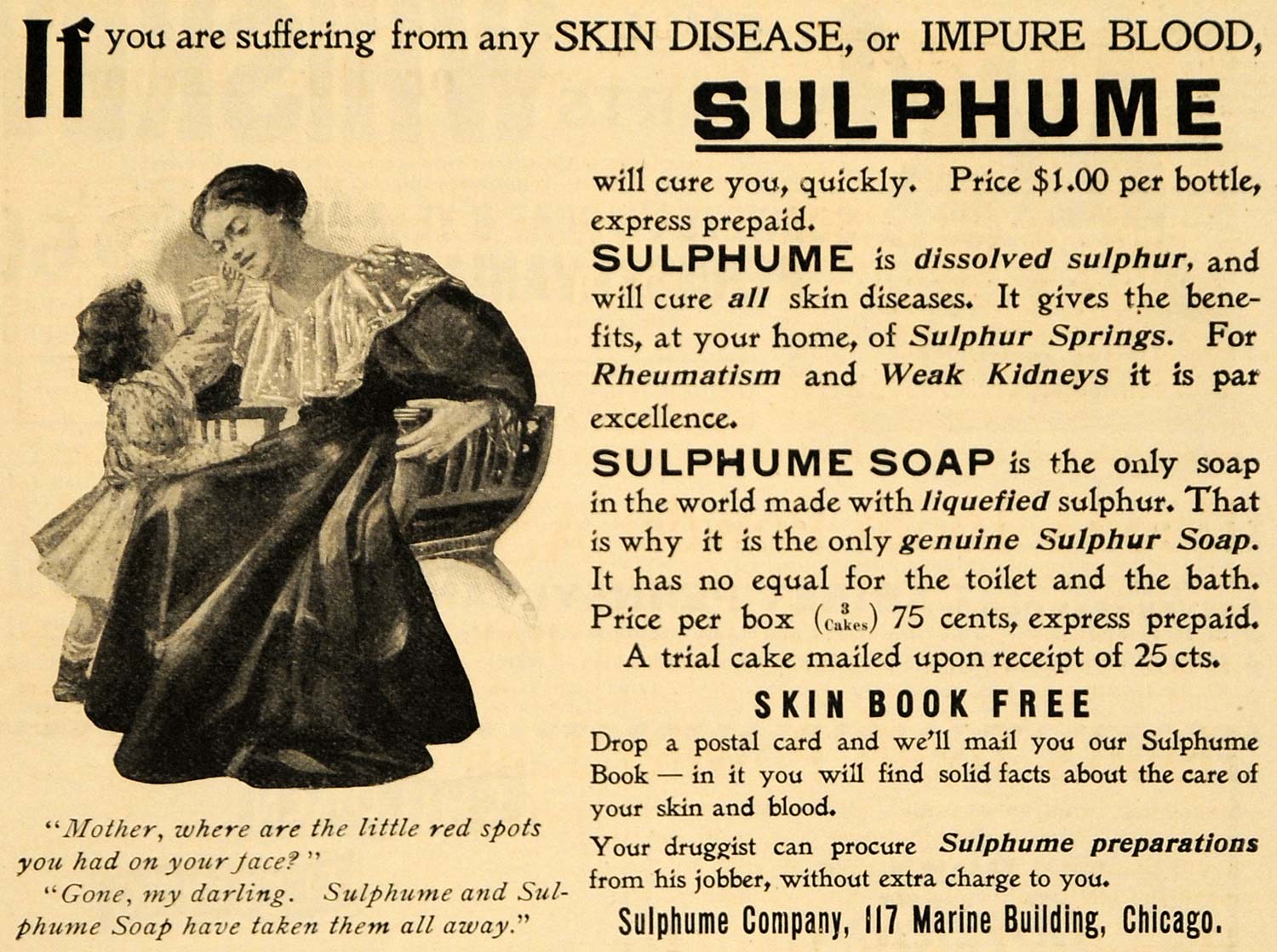 1899 Ad Skin Disease Impure Blood Sulphume Company Soap - ORIGINAL MUN1