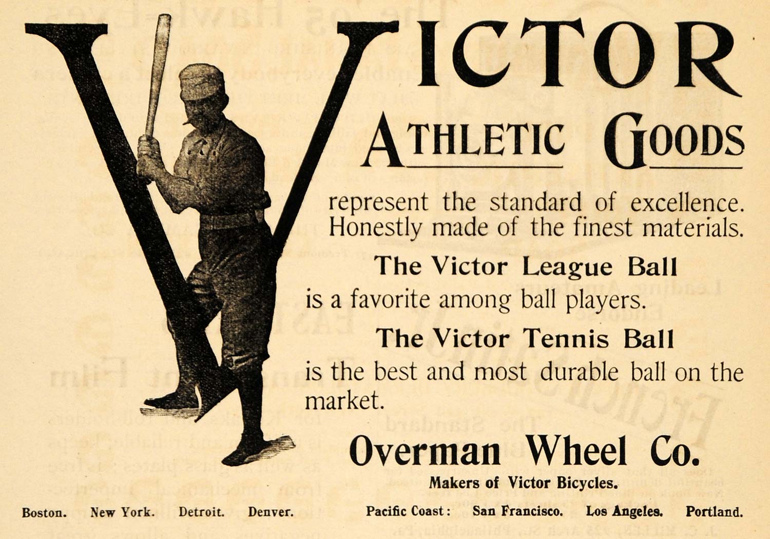 1895 Ad Victor Athletic Sporting Goods Overman Wheel Tennis Baseball League MUN1