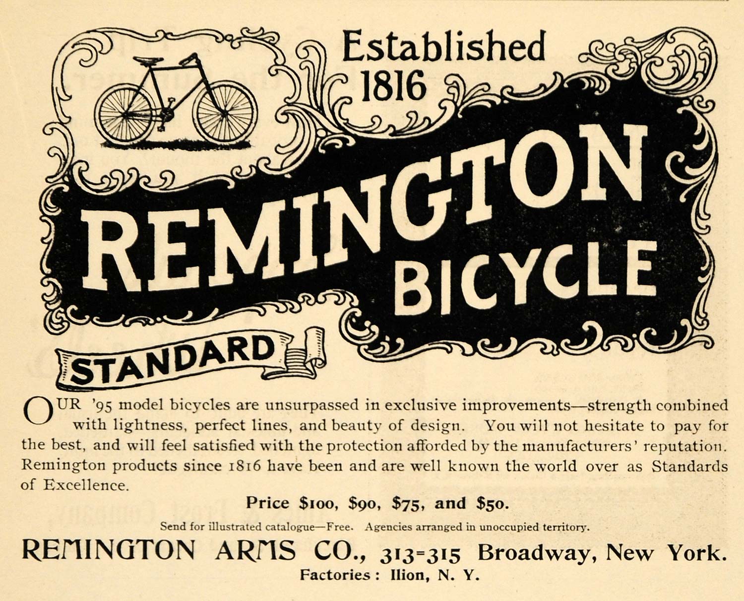 1895 Ad Remington Arms Company 1816 Bicycles Standard - ORIGINAL MUN1