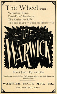 1895 Ad Warwick Cycle Company Bicycle Vermilion Rim - ORIGINAL ADVERTISING MUN1