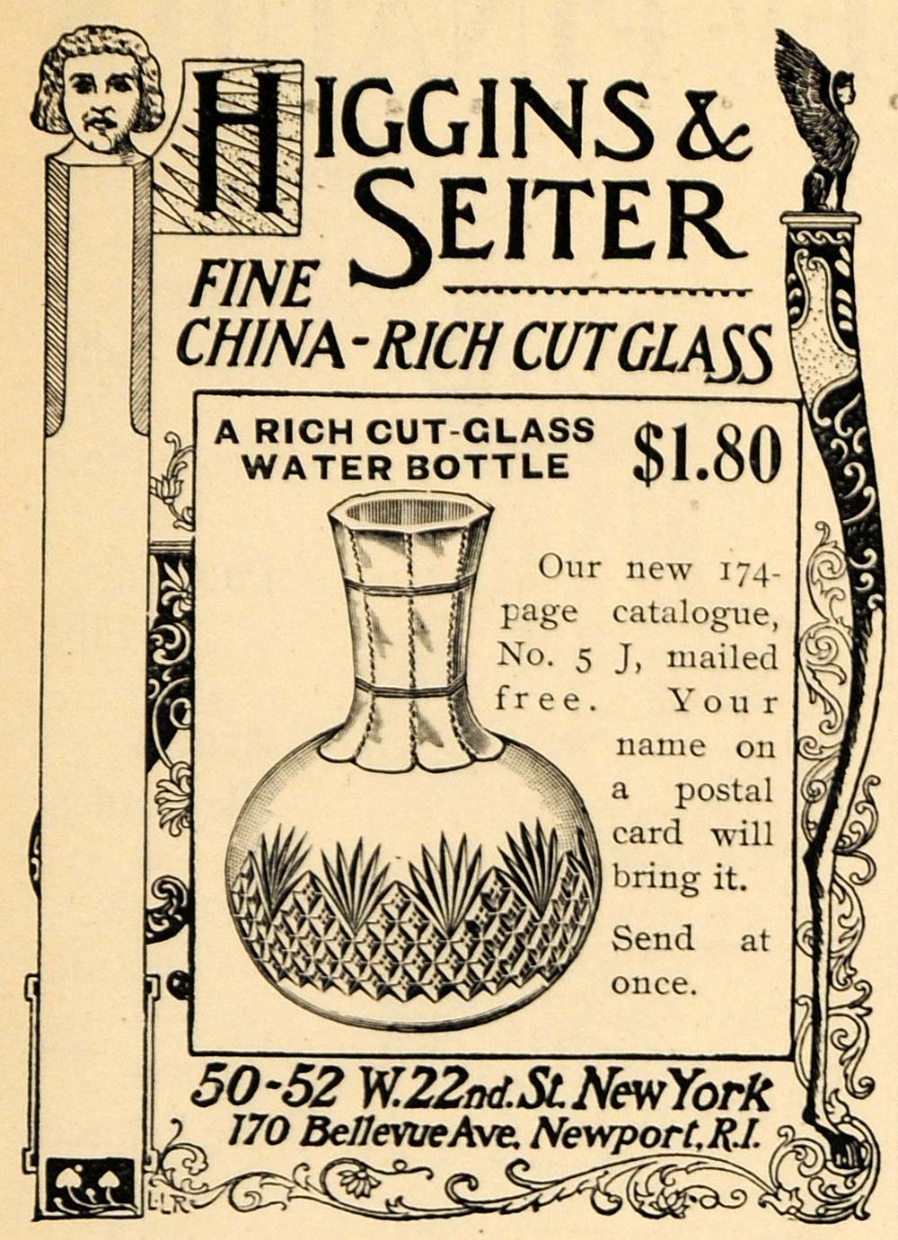 1895 Ad Higgins & Seiter China Cut Glass Water Bottle - ORIGINAL MUN1