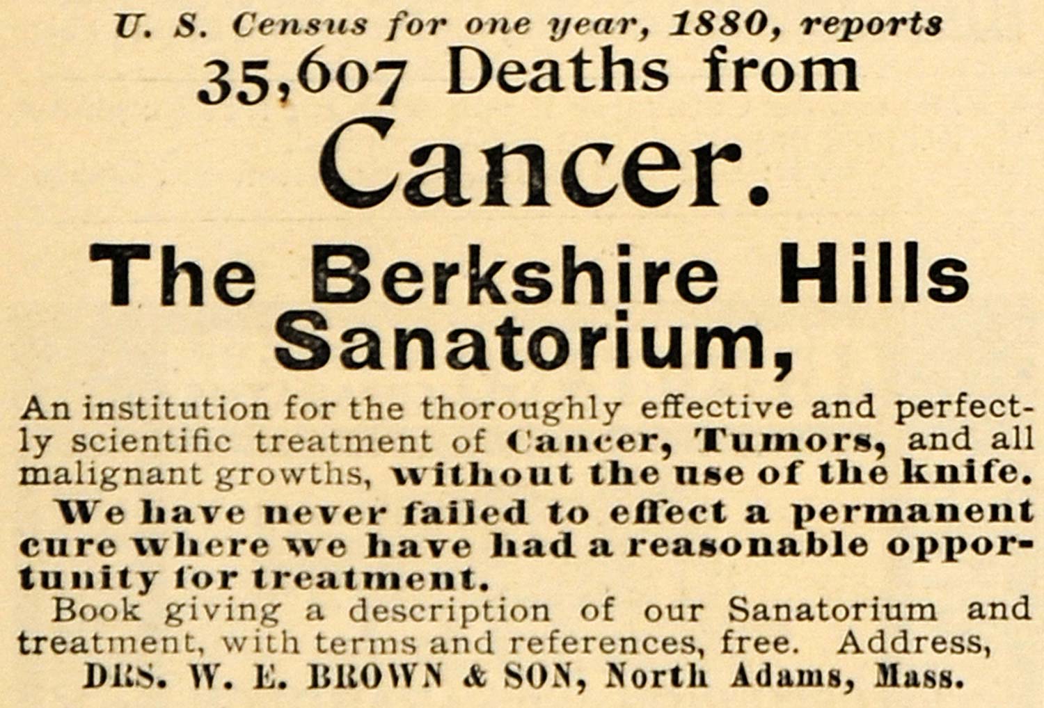 1895 Ad Cancer Berkshire Hills Sanatorium North Adams - ORIGINAL MUN1