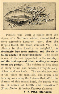 1895 Ad Hygeia Hotel Old Point Comfort Virginia F Pike - ORIGINAL MUN1