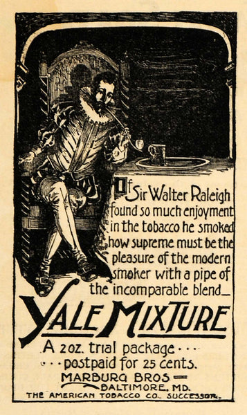 walter raleigh tobacco sketch 1895 Ad Sir Walter Raleigh Yale Mix American Tobacco Co