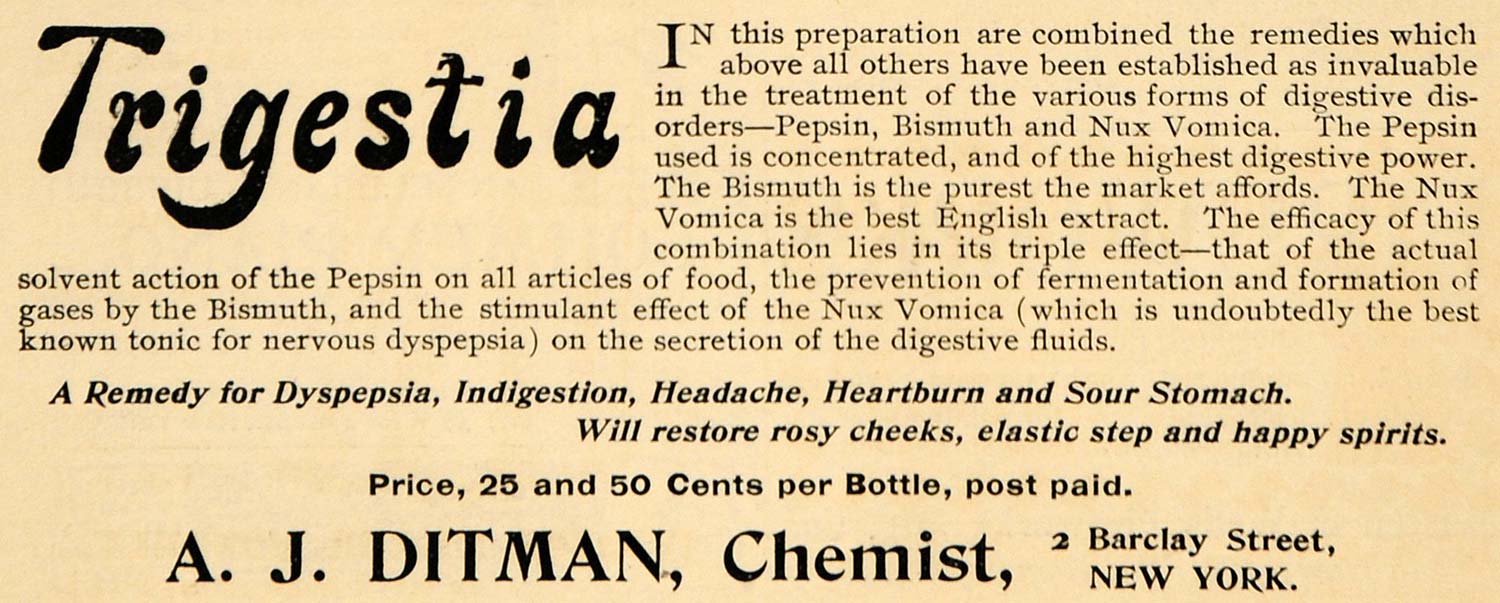 1895 Ad Trigestia A J Ditman Remedy Nux Vomica Extract - ORIGINAL MUN1