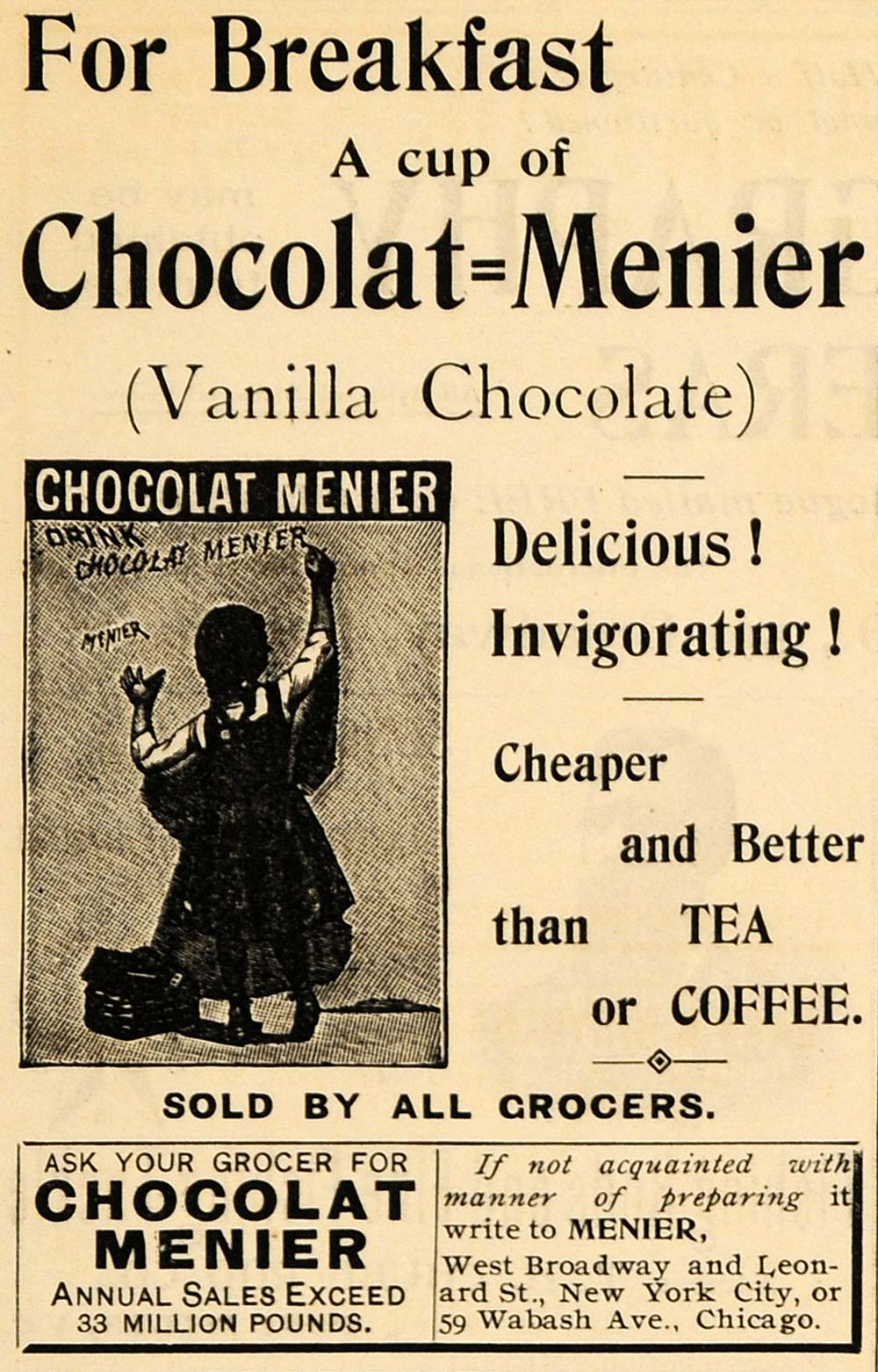 1895 Ad Chocolat Menier Vanilla Chocolate Morning Drink - ORIGINAL MUN1