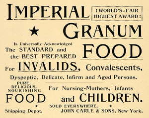 1895 Ad Imperial Granum Food Invalids John Carle & Sons - ORIGINAL MUN1