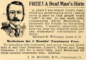 1894 Ad J H Moore Treatment Deafness Aerial Medication - ORIGINAL MUN1
