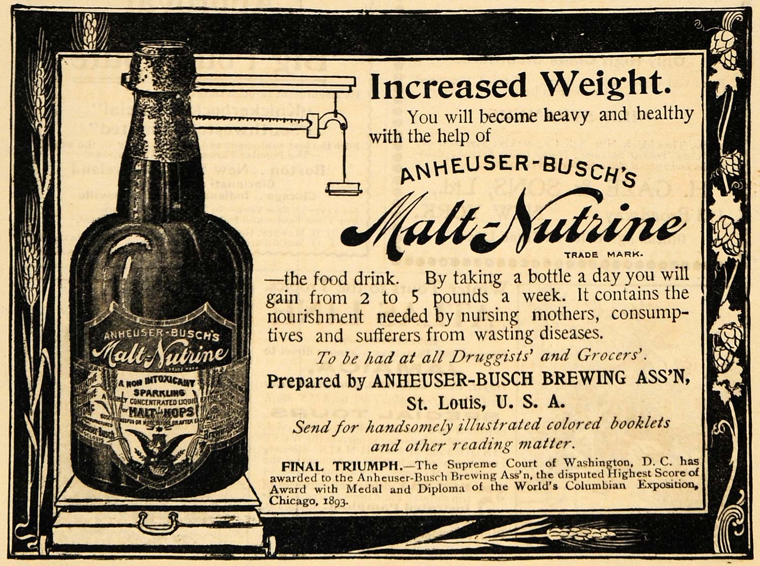 1895 Ad Heavy Healthy Malt Nutrine Anheuser Busch Drink - ORIGINAL MUN1