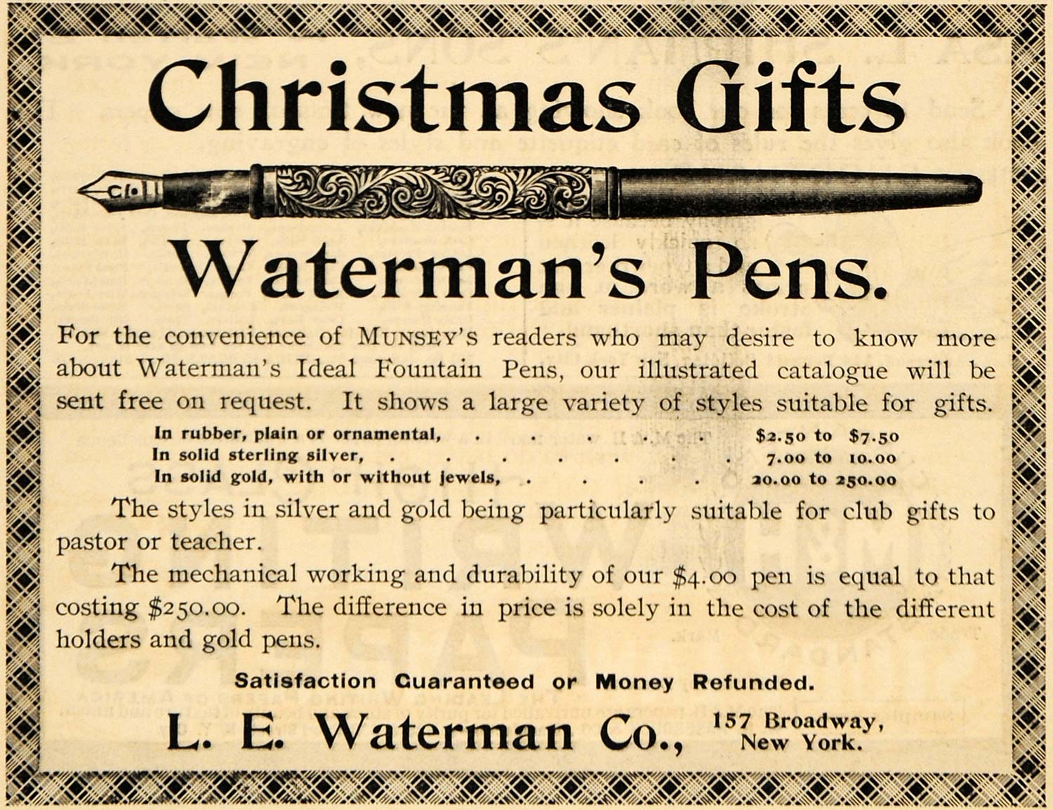1895 Ad Christmas L E Waterman Fountain Ornamental Pens - ORIGINAL MUN1