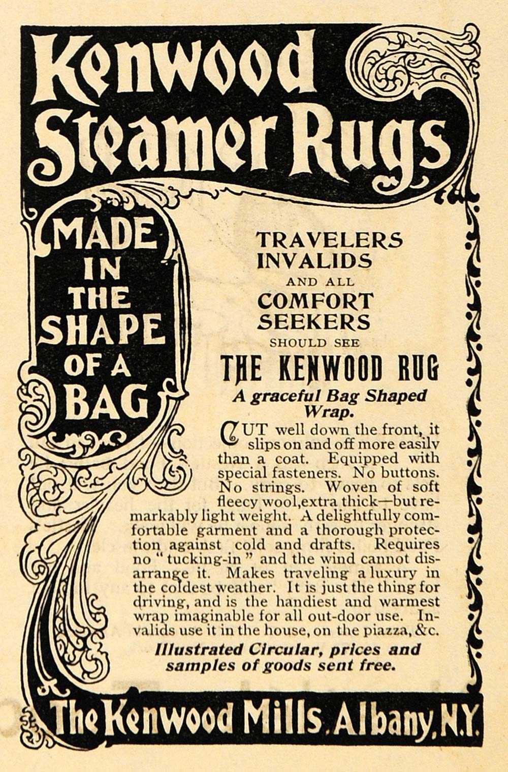 1895 Ad Kenwood Mills Steamer Rugs Bag Shaped Wrap Coat - ORIGINAL MUN1