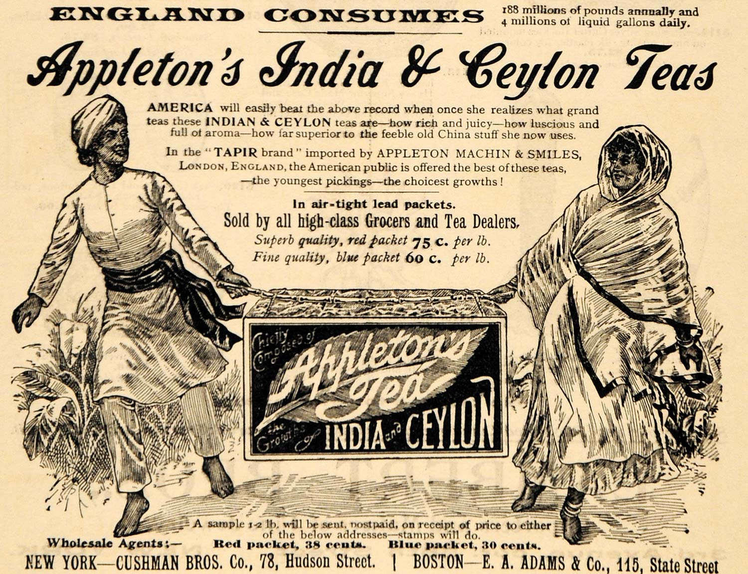 1895 Ad Appleton Tea India Ceylon Cushman Brother Adams - ORIGINAL MUN1