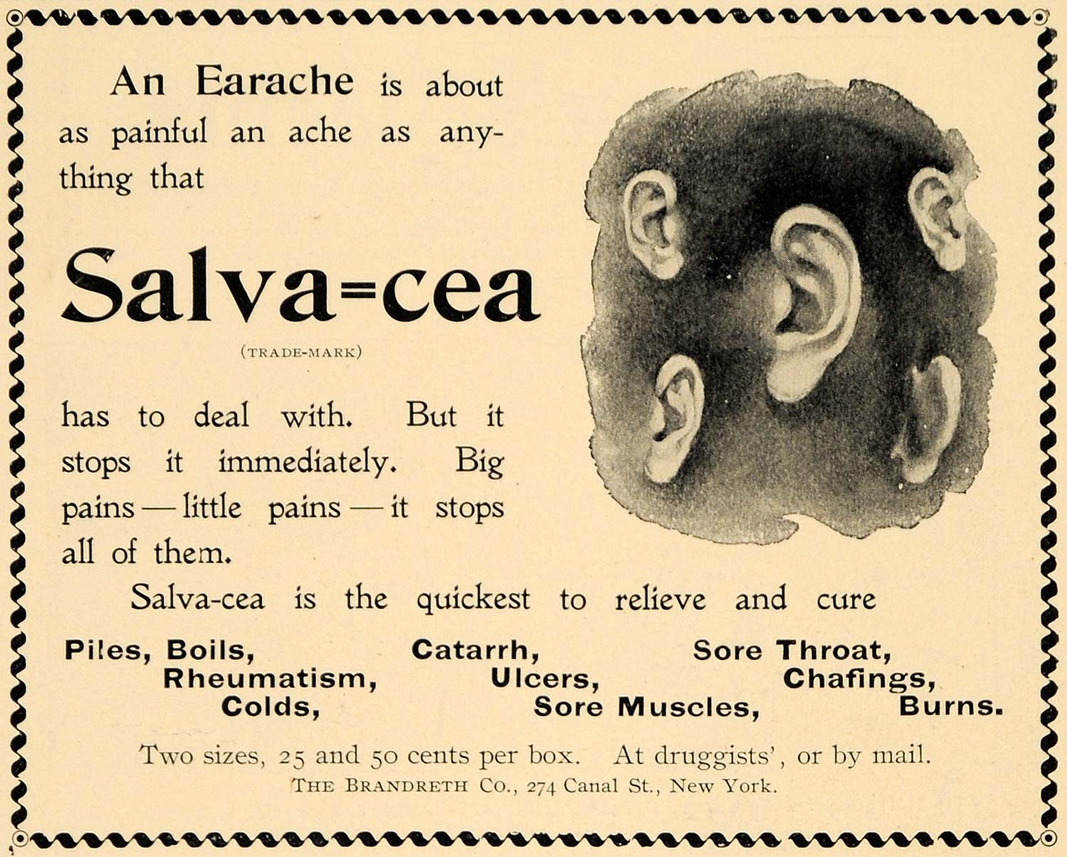 1895 Ad Salva-cea Earache Brandreth Company Cure Boils - ORIGINAL MUN1