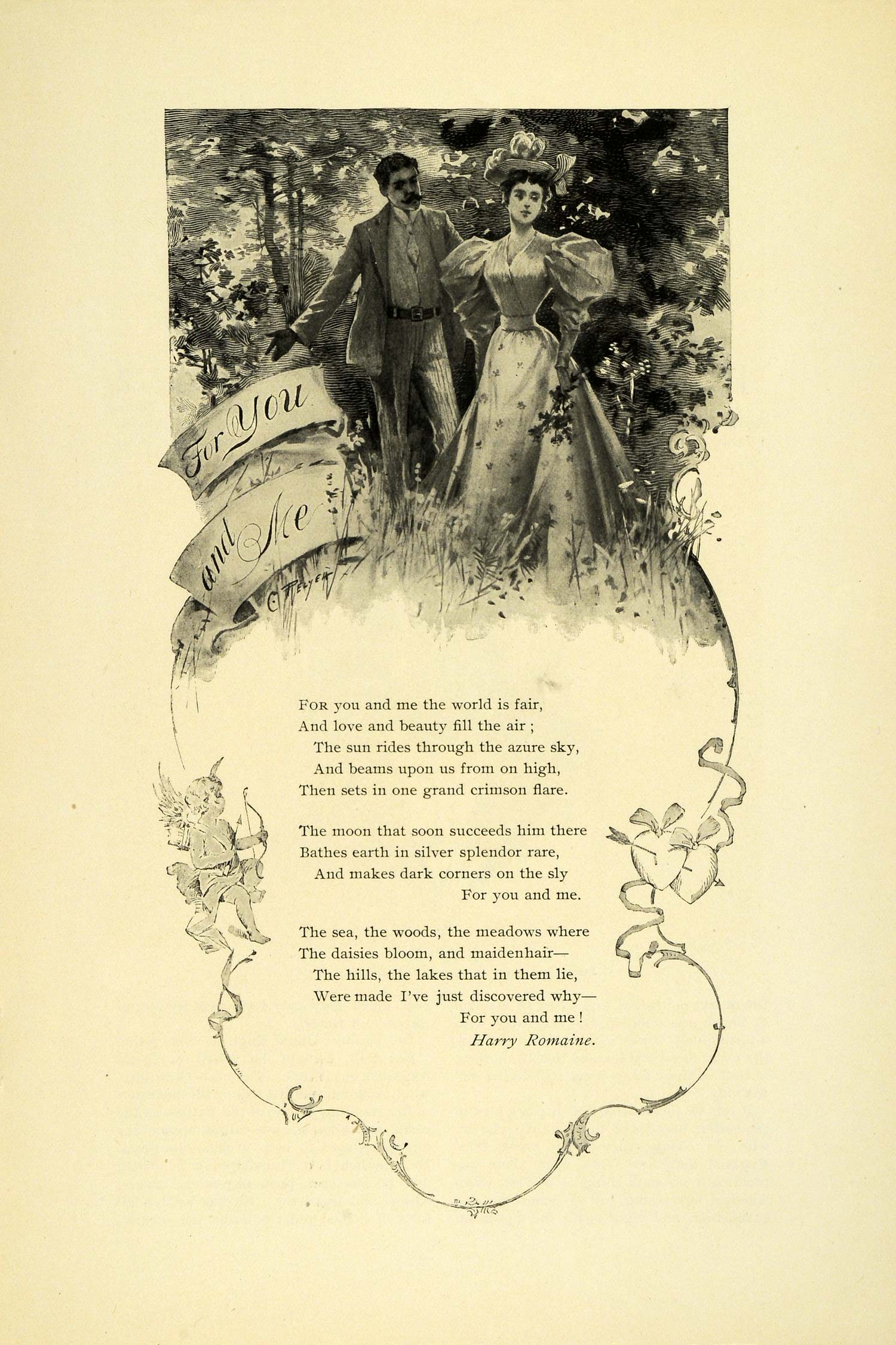 1895 Print Harry Romaine Poem Poetry Lovers Romance Cupid Victorian Fashion MUN1